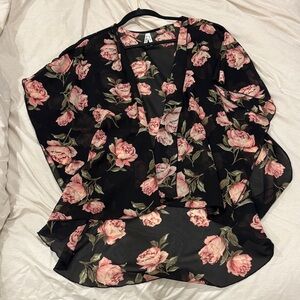 Boutique Floral V-Neck Sheer Sweater - Pink Rose Print